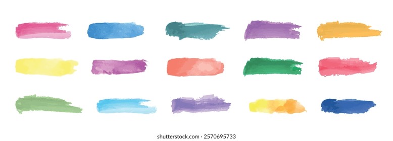 Colorful watercolor brush strokes in various shades: pink, blue, green, purple, yellow. Artistic brush strokes, vibrant watercolor, diverse colors. Element vector set.