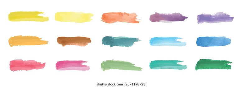 Colorful watercolor brush strokes in various shades: yellow, orange, purple, blue, pink, green. Artistic brush strokes create vibrant, colorful patterns. Element vector set.