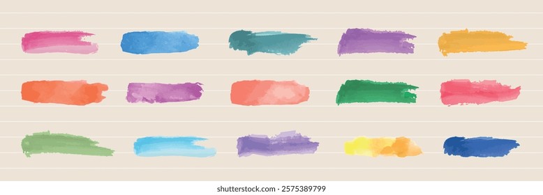 Colorful watercolor brush strokes in various shades: pink, blue, green, purple, orange, and yellow. Artistic brush strokes on a lined background. Element vector set.