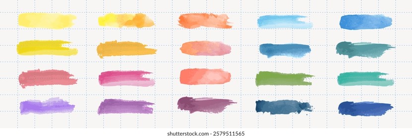 Colorful watercolor brush strokes in various shades on a grid background. Vibrant brush strokes in yellow, orange, blue, and green. Artistic watercolor strokes. Watercolor element vector set.