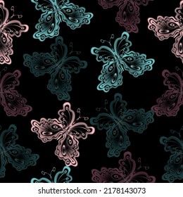 colorful watercolor butterflies. inversion on black background.  Print of luna astrology moth pattern. 