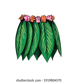 Colorful watercolor C Hand drawn sketch of Hawaiian Party Hula Skirt Maple Leaves Grass Skirt on a white background. Hawaii set. Summer holidays at hawaii. Paradise, island, vacation	
