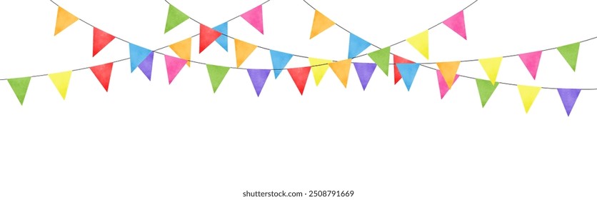 Colorful watercolor carnival garland with flag. Decorative colorful party pennants for birthday celebration, festival decor. Colorful bunting flags.