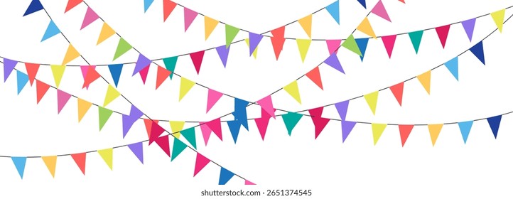 Colorful watercolor carnival garland with flag. Decorative colorful party pennants for birthday celebration, festival decor. Colorful bunting flags.