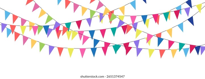 Colorful watercolor carnival garland with flag. Decorative colorful party pennants for birthday celebration, festival decor. Colorful bunting flags.
