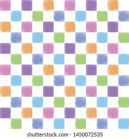 Colorful watercolor checker pattern on white background