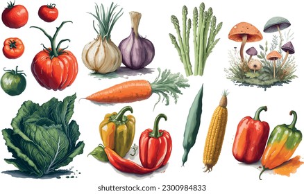 Colorful Watercolor Collection of Fresh Vegetables. Vector illustration