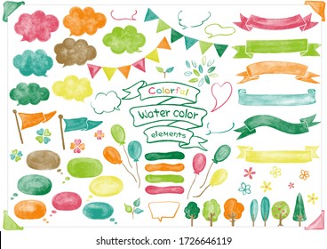 colorful watercolor collection with ribbons, bubbles, label  and flag