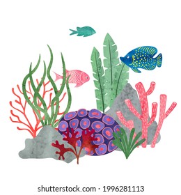 Colorful watercolor coral reef scene with fish. Vector marine illustration.