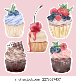 Colorful Watercolor Cupcakes: A Vector Collection of Delicious Stickers for Your Sweet Designs