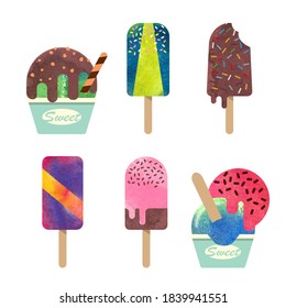 Colorful watercolor delicious dessert sweet food ice popsicle collection