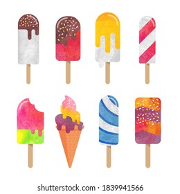 Colorful watercolor delicious dessert sweet food ice popsicle collection