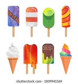 Colorful watercolor delicious dessert sweet food ice popsicle collection