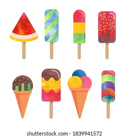 Colorful watercolor delicious dessert sweet food ice popsicle collection