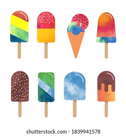 Colorful watercolor delicious dessert sweet food ice popsicle collection