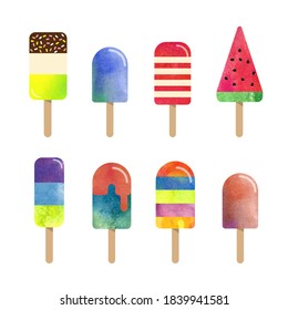 Colorful watercolor delicious dessert sweet food ice popsicle collection