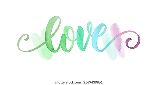 Colorful watercolor design, artistic lettering, "love" text, vibrant green and purple swatches, romantic theme.