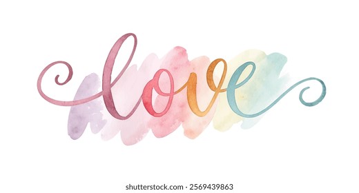 Colorful watercolor design, artistic love lettering, soft pastel hues, romantic decor, creative expression, greeting card art.