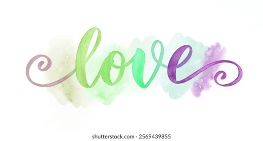 Colorful watercolor design, elegant script font, love theme, artistic expression, vibrant hues, romantic decor.