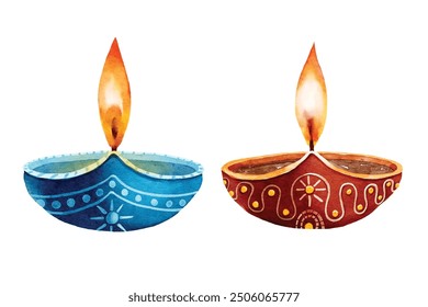 Colorful watercolor Diwali diya lamp collection