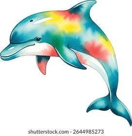 Colorful Watercolor Dolphin Illustration: Playful Marine Animal Art for Children's Projects and Creative Designs 
