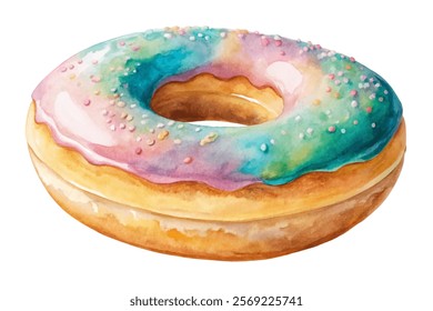 Colorful watercolor donut, vibrant icing, sweet dessert illustration, playful food art, bakery concept.