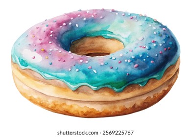 Colorful watercolor donut, vibrant icing, sweet dessert, artistic food illustration, playful design, bakery concept.