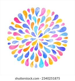 Colorful watercolor drops circle shape, round creative abstract background. Radial colourful hand drawn decoration made of watercolour droplets, paint splashes, splatter. Text frame aquarelle template