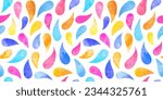 Colorful watercolor drops, droplets seamless repeat vector pattern. Watercolour colourful stains endless bright background. Blue, yellow, pink colors. Hand drawn artistic border, frame template.