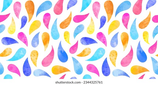 Colorful watercolor drops, droplets seamless repeat vector pattern. Watercolour colourful stains endless bright background. Blue, yellow, pink colors. Hand drawn artistic border, frame template.