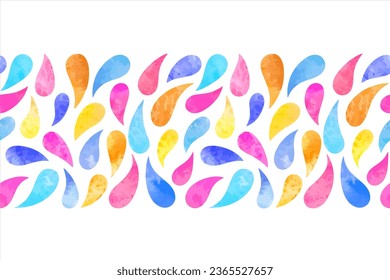 Colorful watercolor drops, droplets seamless vector border, frame. Watercolour stains endless water, aquatic watery pattern, background. Blue, pink, yellow colors. Hand drawn artistic template.