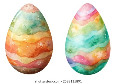 Colorful watercolor easter eggs, vibrant patterns, festive decoration, spring celebration, artistic design, holiday theme.