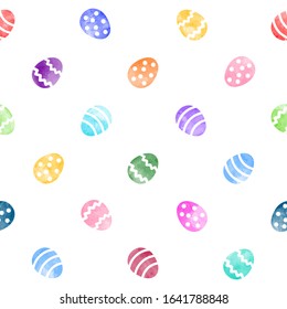 Colorful watercolor Easter, Paschal eggs seamless repeat vector pattern. Painted stylized egg shape, watercolour regular texture, holiday background. Rainbow bright colors colourful template.