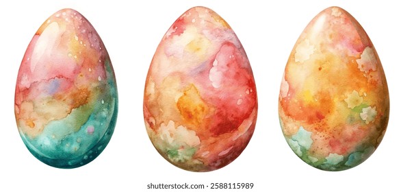 Colorful watercolor eggs, artistic design, vibrant hues, festive decoration, spring theme, Easter celebration, unique artwork.