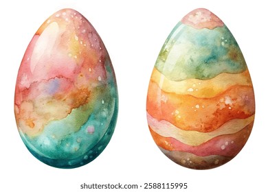 Colorful watercolor eggs, festive design, vibrant patterns, artistic illustration, spring celebration, Easter decor.