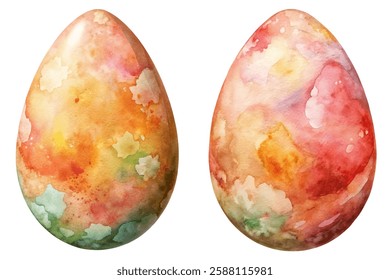 Colorful watercolor eggs, vibrant artistic design, Easter decoration, spring themes, hand-painted style.