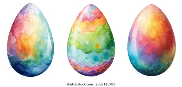 Colorful watercolor eggs, vibrant artistic design, Easter decoration, festive spring theme, hand-painted style.