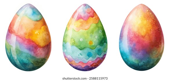 Colorful watercolor eggs, vibrant hues, artistic design, festive decoration, spring theme, creative illustration.