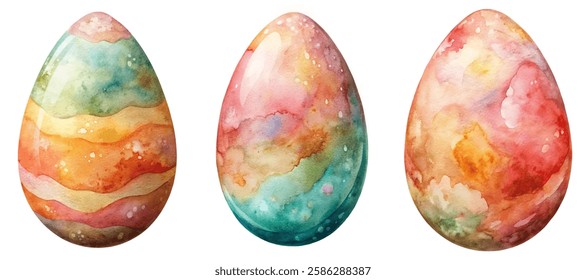 Colorful watercolor eggs, vibrant pastel shades, artistic design, Easter decorations, festive imagery, holiday themes.