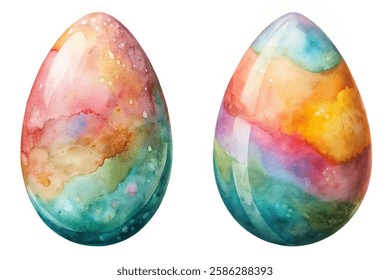 Colorful watercolor eggs, vibrant pastel shades, artistic design, perfect for Easter, spring celebrations, decorative elements.