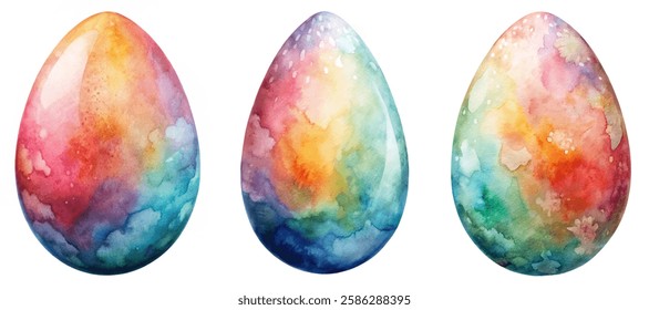 Colorful watercolor eggs, vibrant pastel shades, artistic design, spring theme, decorative elements, festive celebration.