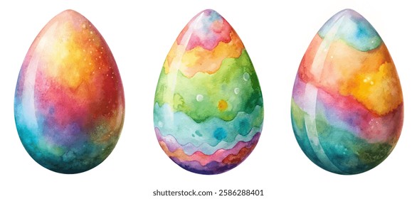 Colorful watercolor eggs, vibrant pastel hues, decorative design, spring celebration, artistic illustration, Easter themes.