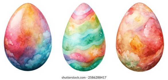 Colorful watercolor eggs, vibrant pastel patterns, artistic spring decoration, Easter celebration imagery.