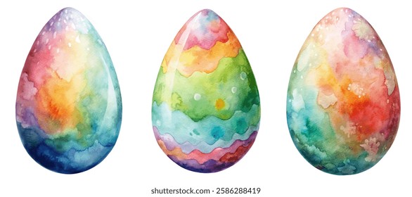 Colorful watercolor eggs, vibrant pastel hues, artistic design, spring celebration, Easter decorations, festive artwork.