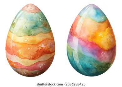 Colorful watercolor eggs, vibrant pastel patterns, artistic design, festive decoration, Easter themes, spring celebrations.