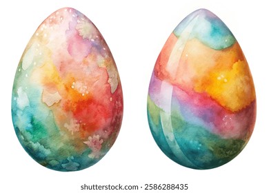 Colorful watercolor eggs, vibrant pastel hues, artistic design, decorative elements, spring theme, Easter celebration.