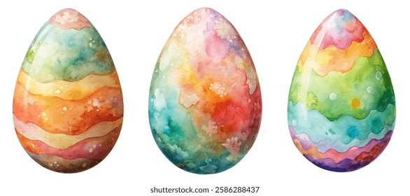 Colorful watercolor eggs, vibrant pastel patterns, Easter decoration, artistic design, spring celebration, festive imagery.