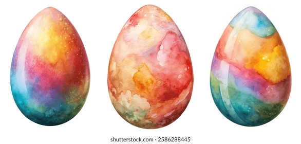 Colorful watercolor eggs, vibrant pastel shades, artistic design, festive decoration, Easter celebration, creative illustration.