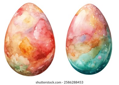 Colorful watercolor eggs, vibrant pastel shades, artistic Easter decoration, soft texture, festive design.