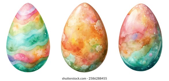 Colorful watercolor eggs, vibrant pastel patterns, artistic Easter decorations, festive spring designs, unique holiday elements.